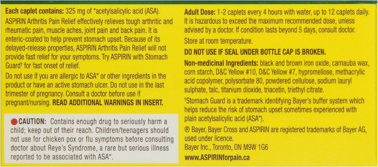 常规强度阿司匹林包衣片,325毫克ASA,有效缓解背痛、肌肉酸痛、身体疼痛和关节炎疼痛。延缓释放包衣,100粒包衣胶囊