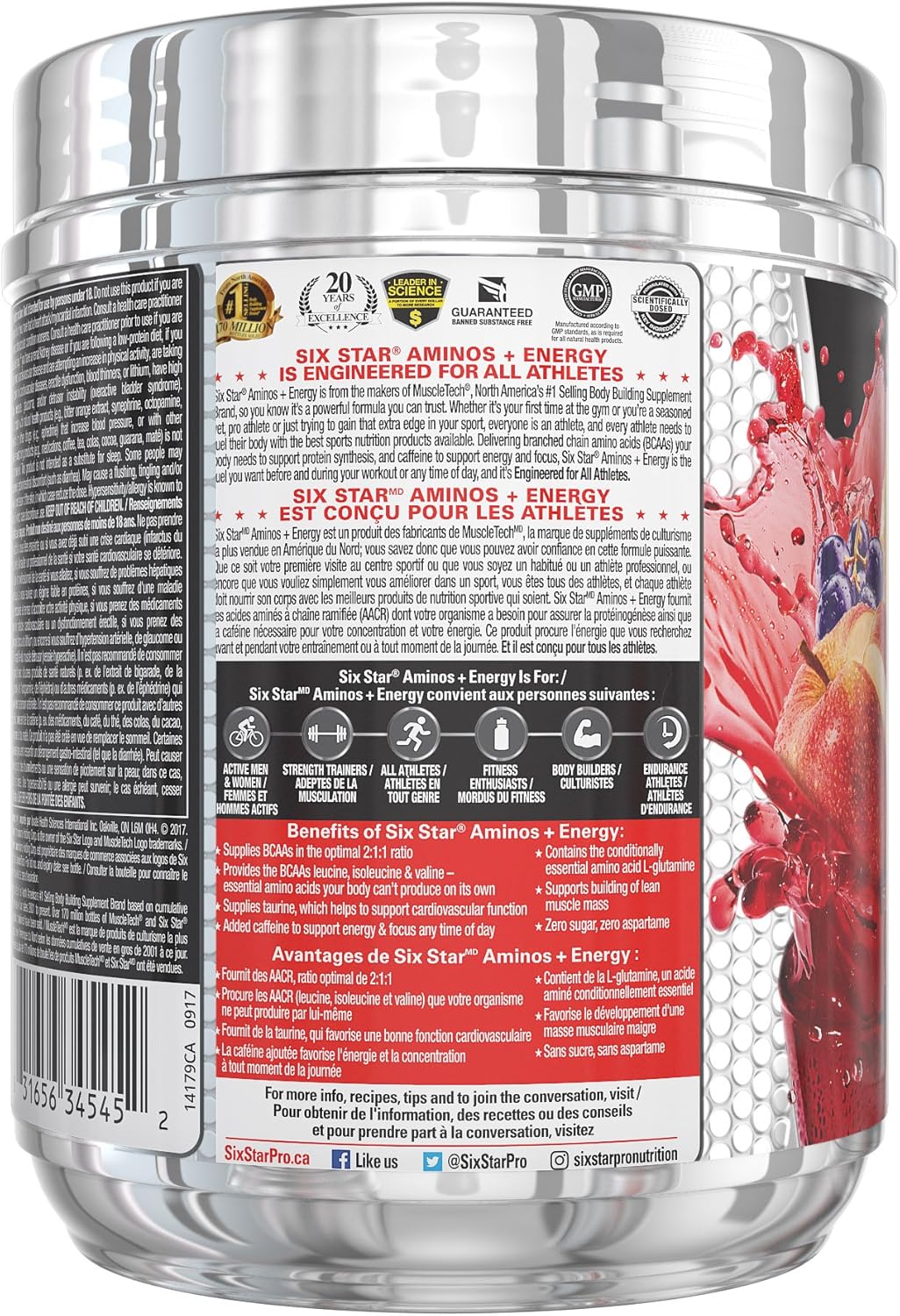 Six Star Amino Plus Energy, BCAA Powder & Energy, Fruit Punch, 30 Servings, 208 g (Pack of 1)