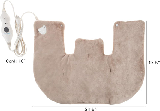 电动颈部/肩部保暖器 - 加热垫,带 3 种设置、自动关闭、前扣和长可拆卸线 - Bluestone 柔软毛绒加热包(棕褐色)