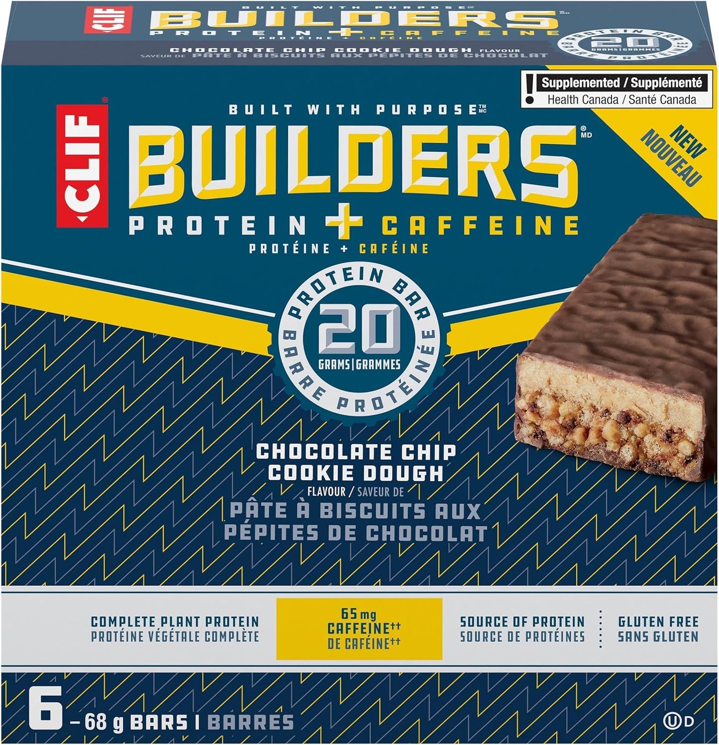 CLIF BUILDERS 蛋白棒,巧克力曲奇饼干口味,20 克蛋白质,加拿大制造,无麸质,无人工香料,68 克(6 包),加拿大制造