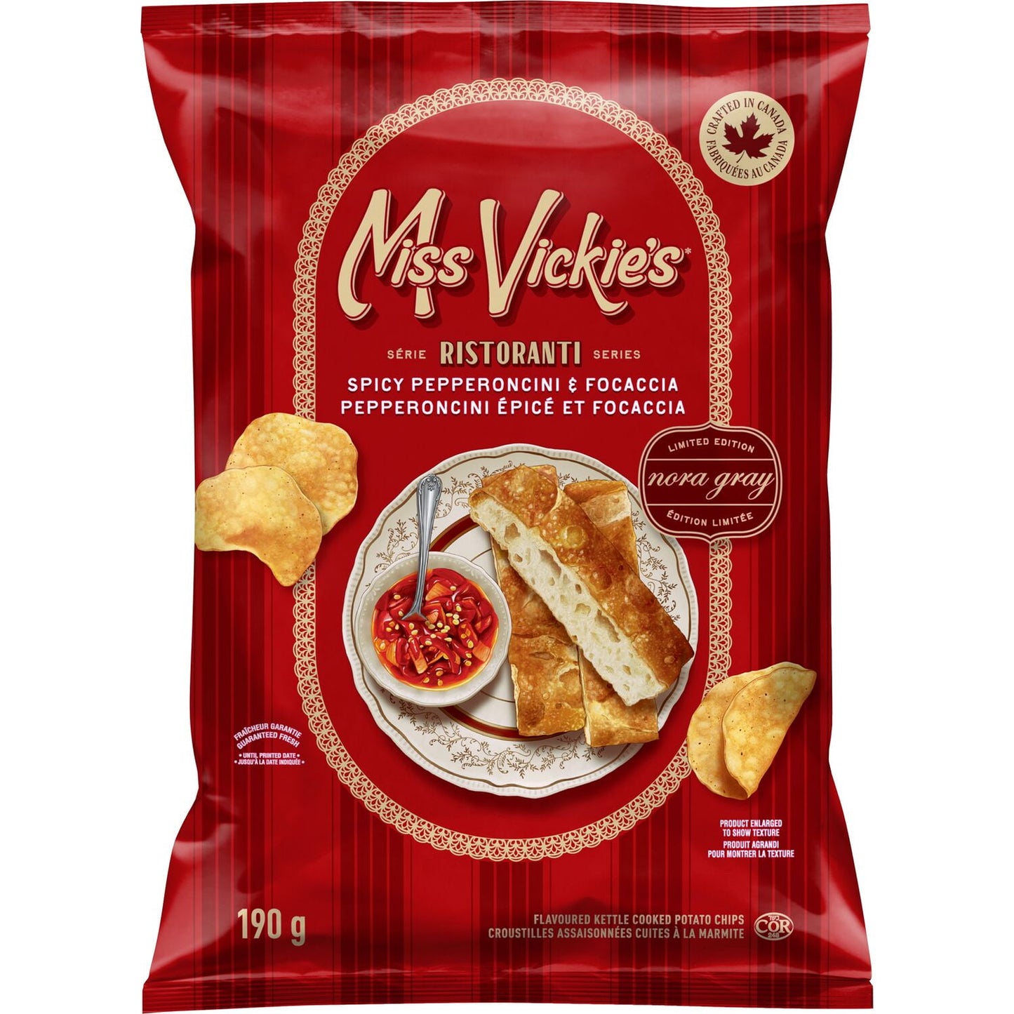 Miss Vickie's Spicy Pepperoncini & Focaccia Flavoured Kettle Cooked Potato Chips, 190 g.
