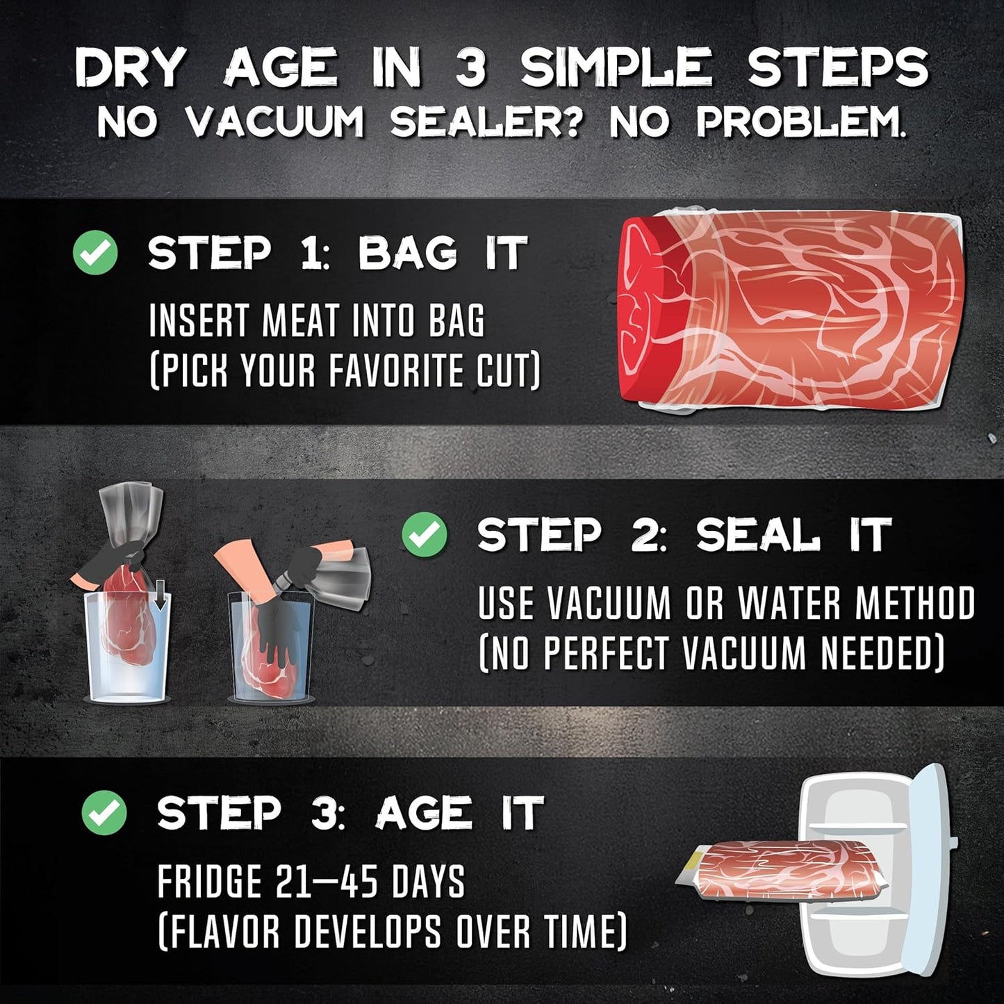 干式熟成袋透气膜套件,轻松制作美味的DIY熟成牛排。4件干式熟成袋套装 25x50厘米(10x20英寸)1-5公斤(2-12磅) - Artisan Meat LAB