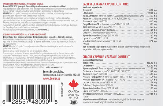 ENEREX - Digest Best 90 Veg Capsules 30-Day Supply - Synergistic Blend of Digestive Enzymes Enhanced with Betaine HCL and L-Glutamine - Reduce Indigestion, Gas, Bloating and Acid Reflux