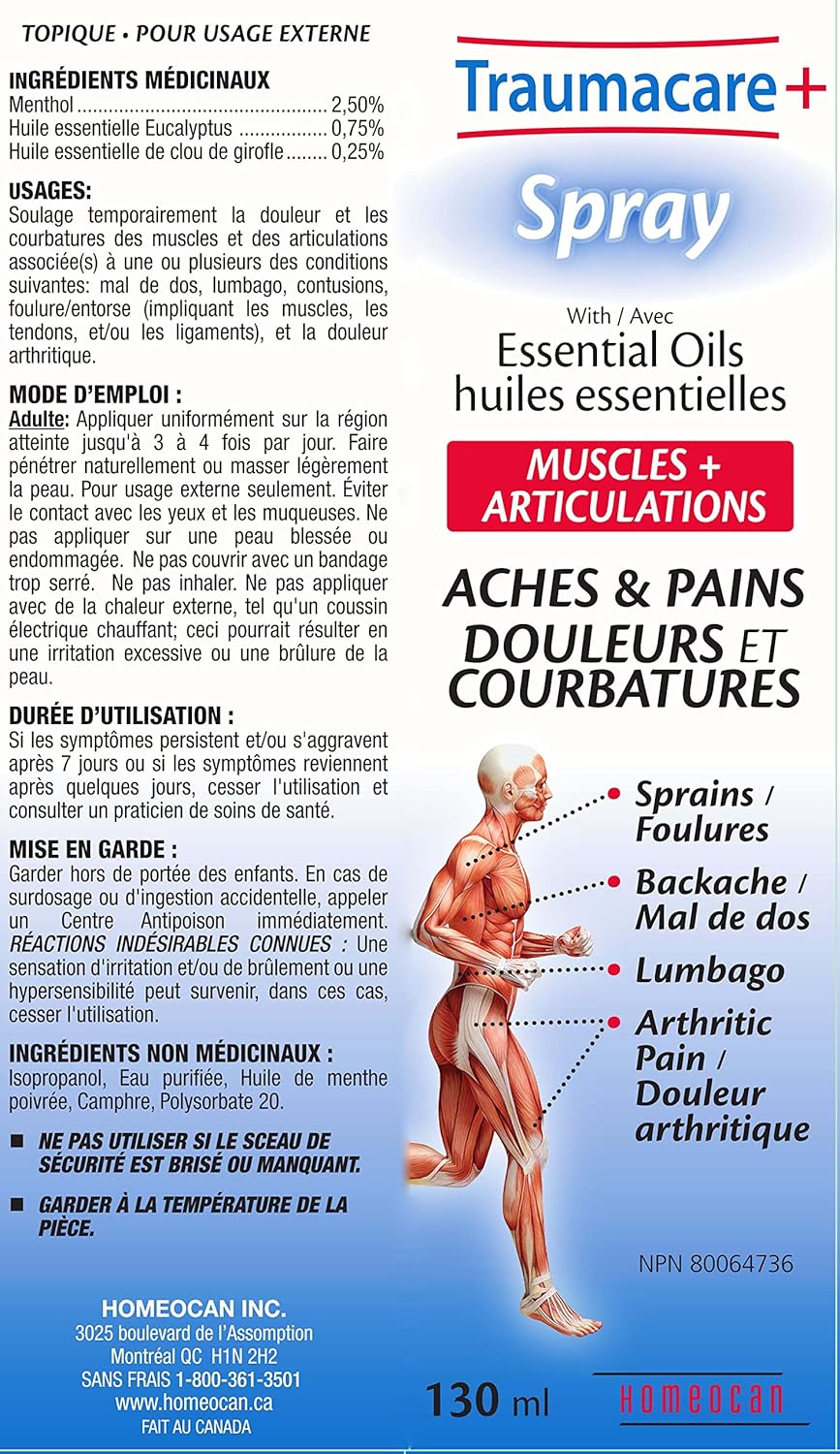 Homeocan Traumacare Spray 130ml, Eucalyptus Essential Oil for Sore Muscle & Joint Discomfort, Quick Absorption, Non-Greasy, Fragrance-Free, Travel Size, Effortless Application for Hard-to-Reach Areas