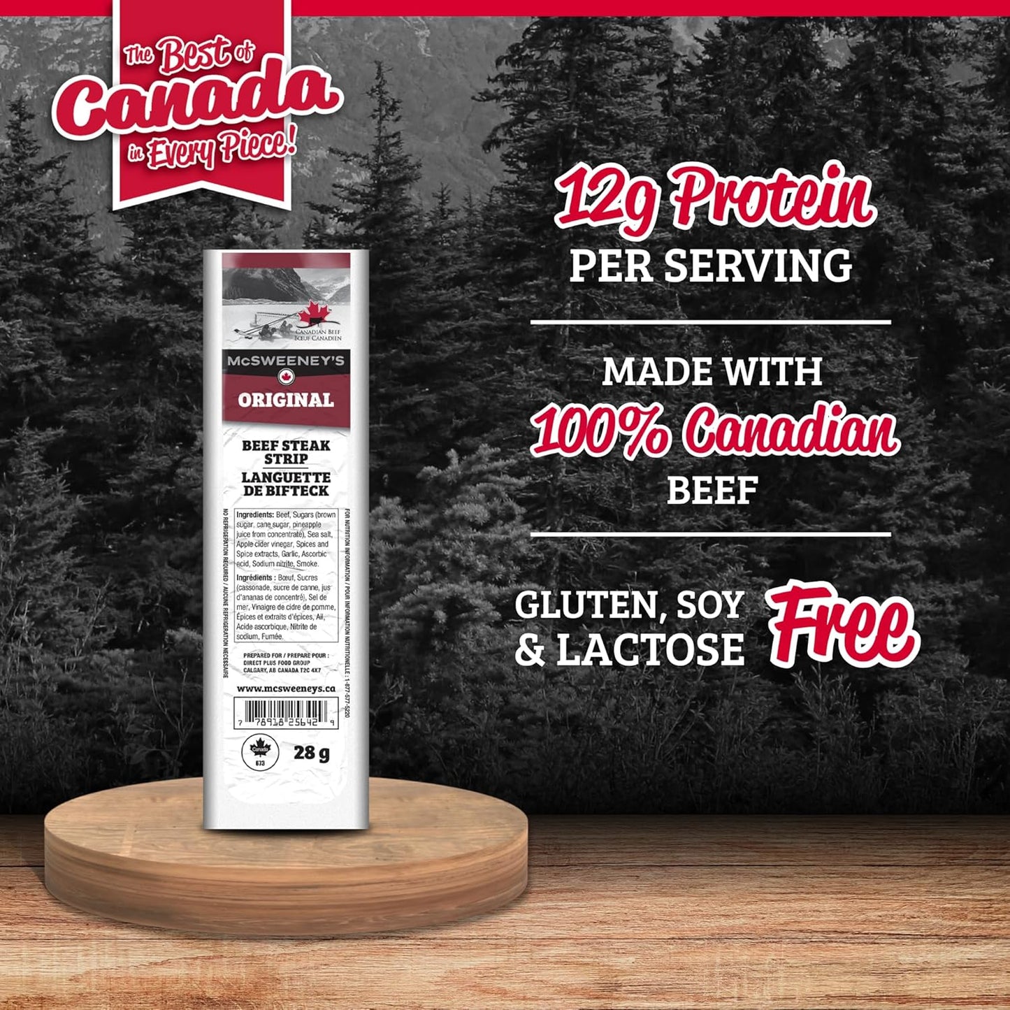 McSweeney's Original Beef Steak Strips Box. 100% Made in Canada, Naturally Smoked, High Protein Snacks, Gluten Free, Meat Snacks, Shelf Stable, Bulk Case 28g (Pack of 12)