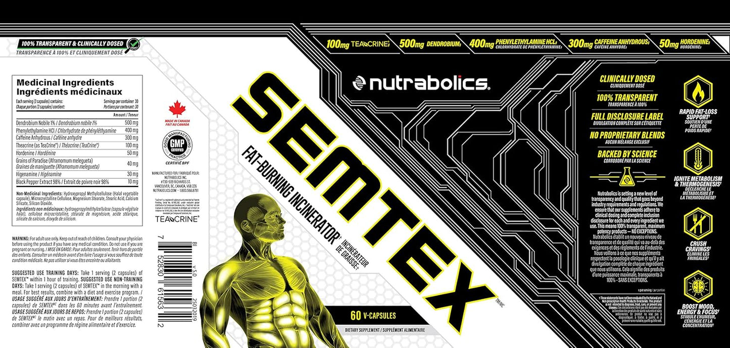 NUTRABOLICS Semtex 60 粒胶囊 - 减肥补充剂和能量增强剂,强效燃脂配方,产热运动前补充剂,
