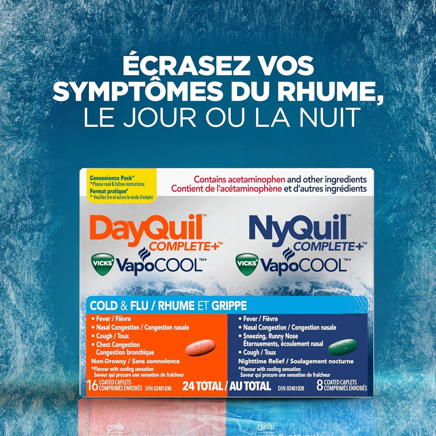 Vicks DayQuil COMPLETE Vicks VapoCOOL 感冒和流感药,不引起困倦,白天缓解多种症状,用于止咳、缓解鼻塞,24 粒胶囊