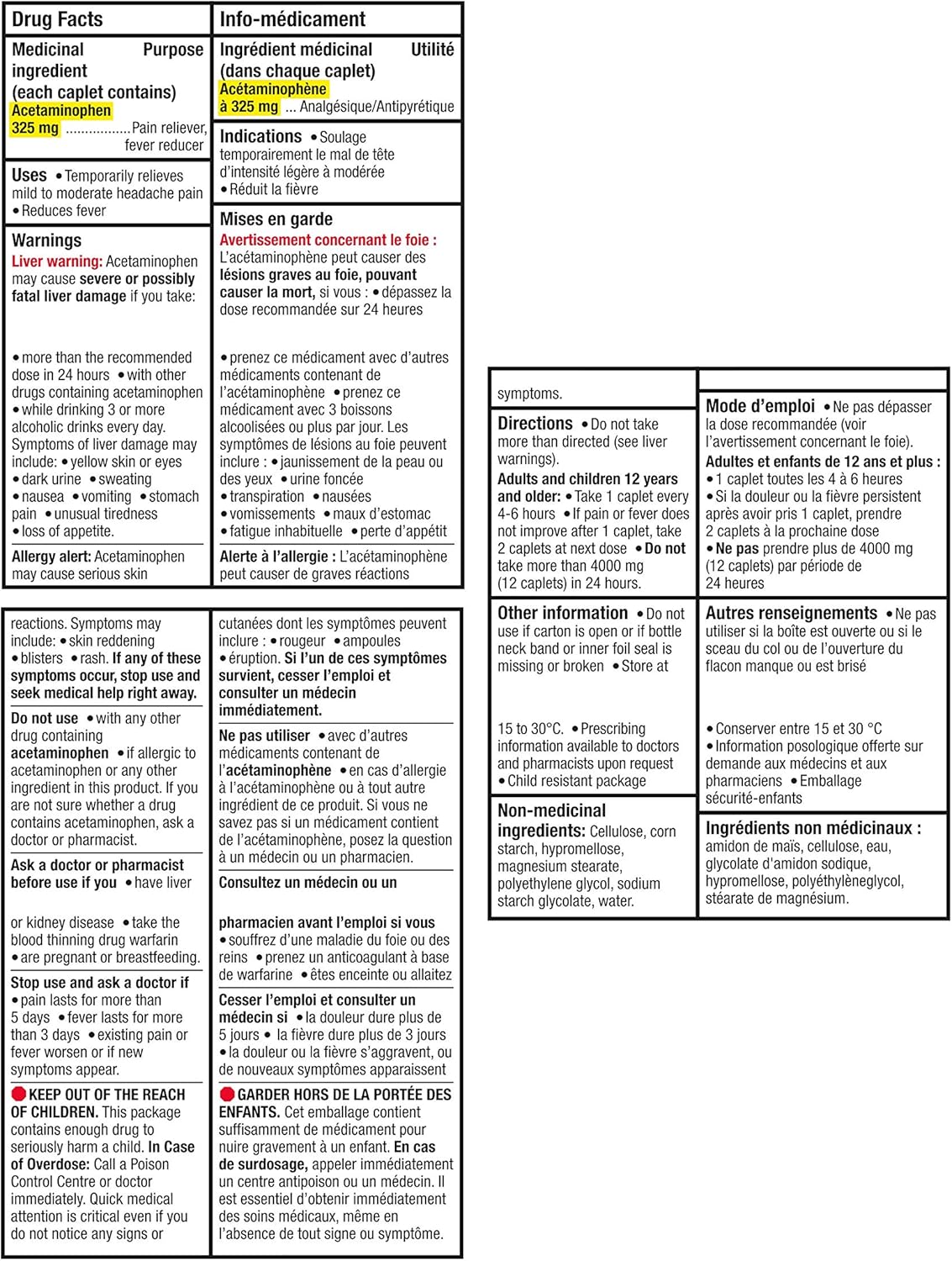 泰諾常規強度,用於緩解疼痛、緩解頭痛和退燒,325 毫克對乙醯氨基酚膠囊