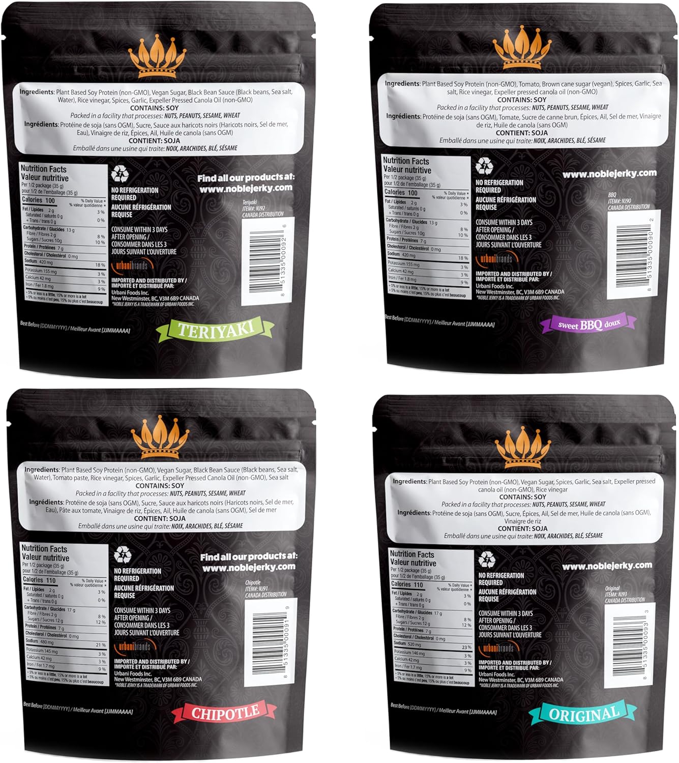 Noble Jerky – Vegan Jerky Snacks, Plant-Based High Protein Snack, 14g Protein Per Bag, Vegetarian, Non-GMO, Healthy Snack Variety Pack (Original, BBQ, Teriyaki, Chipotle), 4 Pack (70g Bags)