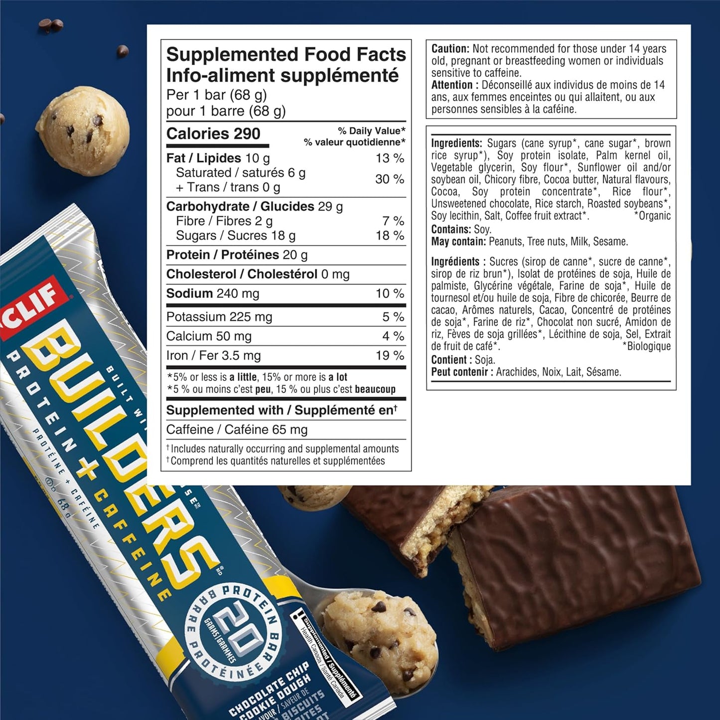 CLIF BUILDERS 蛋白棒,巧克力曲奇饼干口味,20 克蛋白质,加拿大制造,无麸质,无人工香料,68 克(6 包),加拿大制造
