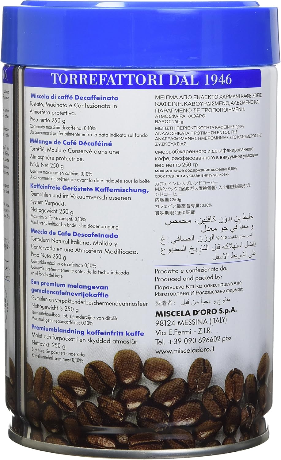 Miscela D-Oro 脱咖啡因研磨咖啡,适用于制作浓郁正宗的意大利浓缩咖啡,250克