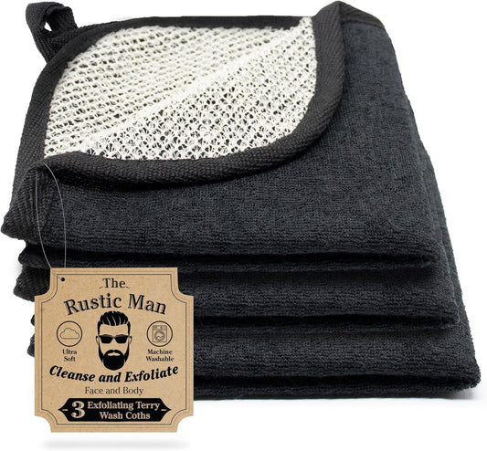 The Rustic Man Wash Cloths for Face and Body, Exfoliating Washcloth, Black, 3 Count