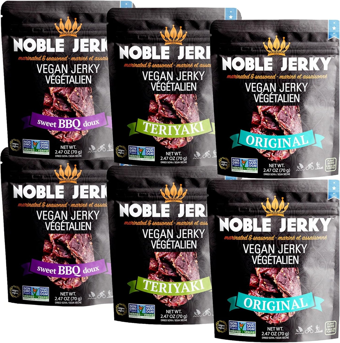 Noble Jerky 素食纯素零食 - 植物基,14 克植物蛋白零食 + 能量,非转基因,不含肉,非常适合办公室或午餐袋,多种口味 6 包(2 包烧烤味、2 包照烧味、2 包原味),70 克/包