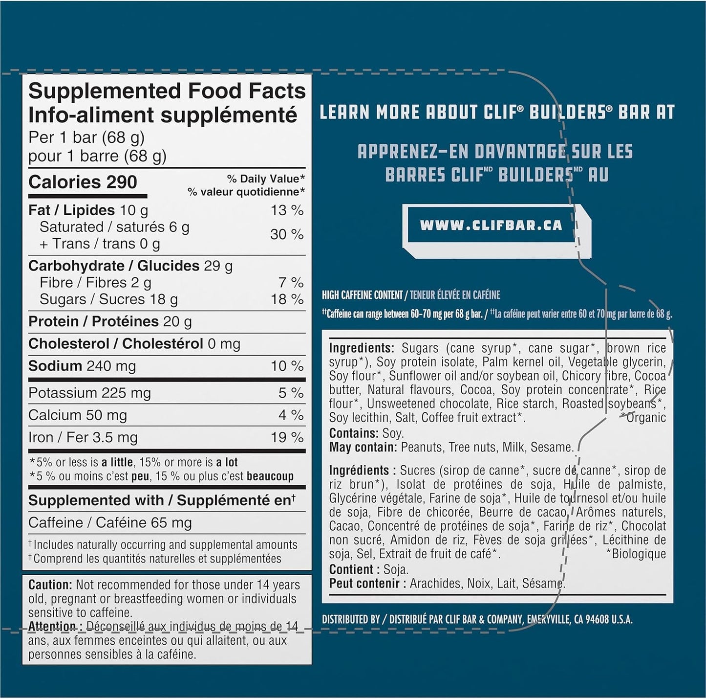 CLIF BUILDERS 蛋白棒,巧克力曲奇饼干口味,20 克蛋白质,加拿大制造,无麸质,无人工香料,68 克(6 包),加拿大制造