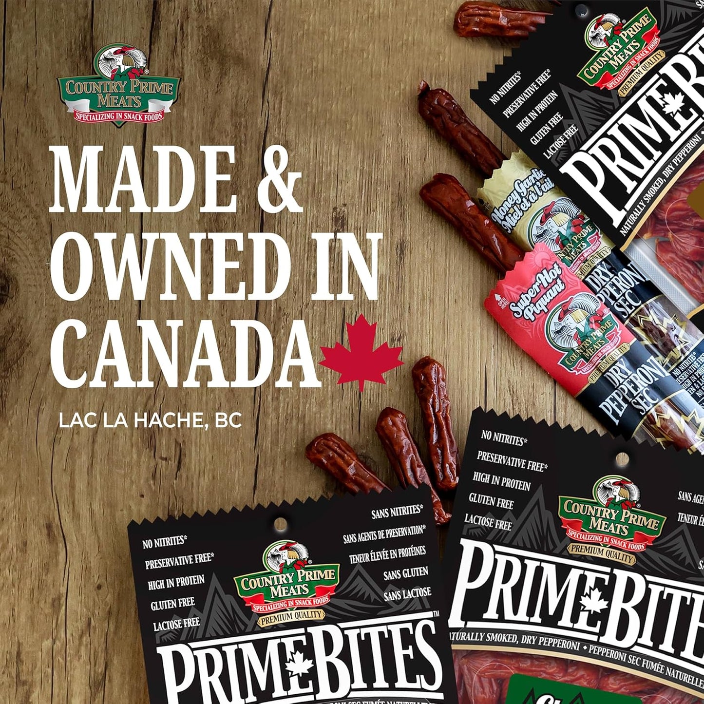 Country Prime Meats Teriyaki Prime Bites. Dry Cured Pepperoni. 100% Canadian Made. High Protein Snack. No Artificial Flavours, Naturally Smoked, No Nitrites, Gluten Free. 125g (Pack of 16)