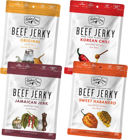 Twelve Cows Handcrafted Beef Jerky Variety Pack, Whole Muscle Premium Cuts, Alberta Beef, High Protein, Low Carb, Halal, Keto - 57g (Pack of 4)