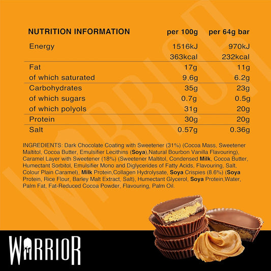 Warrior Crunch - 高蛋白棒 - 每條含 20 克蛋白質 - 低碳水化合物、低糖零食 - 12 包 x 64 克 - 黑巧克力花生醬