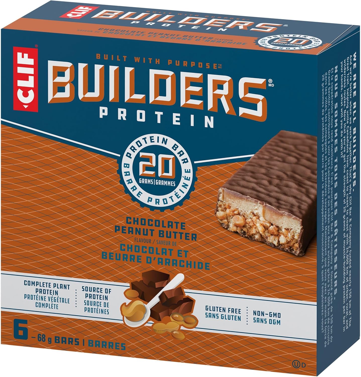 CLIF BUILDERS Protein Bars, Chocolate Peanut Butter Flavour, 20g of Protein, Prepared in Canada, Gluten Free, No Artificial Sweeteners, 68 g (Pack of 6)