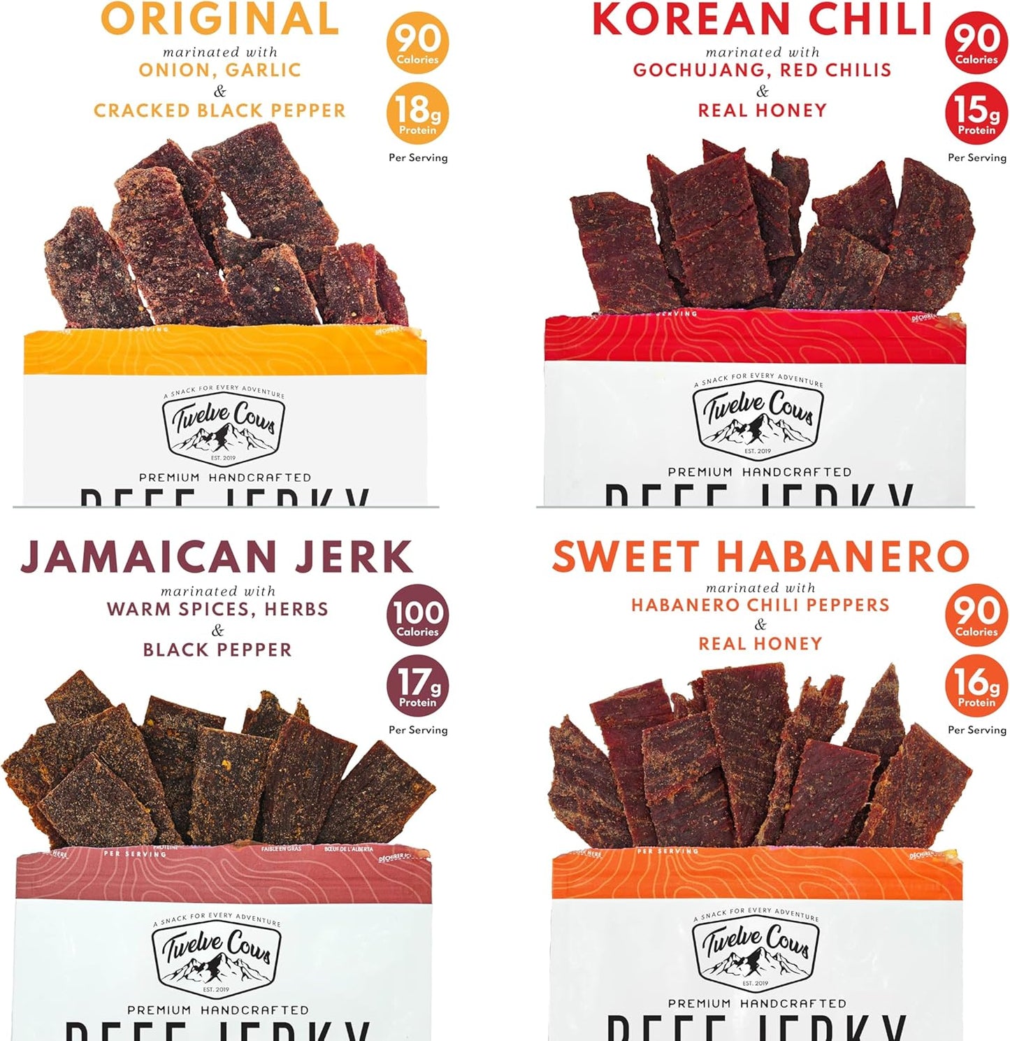 Twelve Cows 手工牛肉乾什錦裝,全肉優質切塊,阿爾伯塔牛肉,高蛋白,低碳水化合物,清真,生酮 - 57 克(4 包)