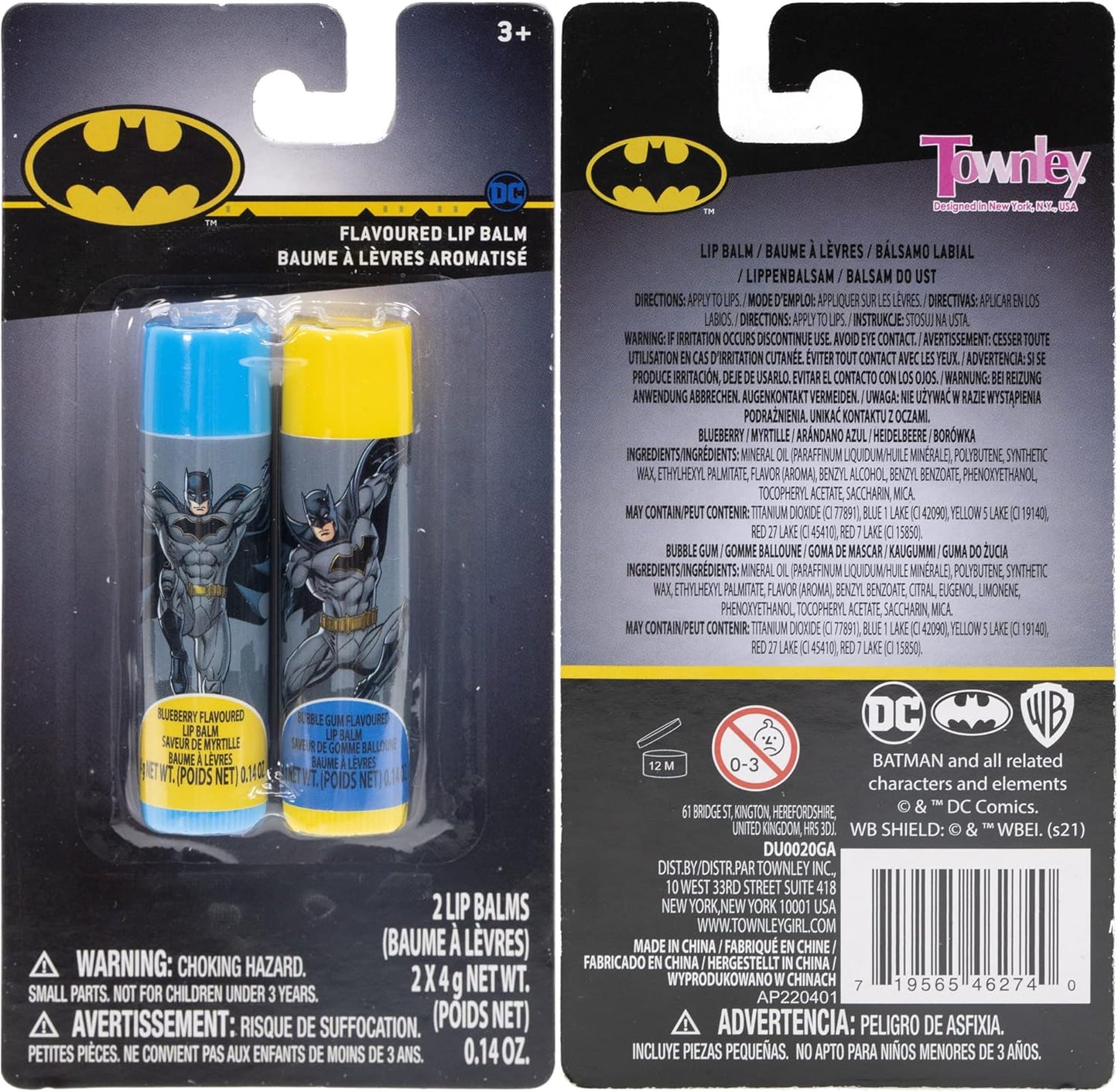 DC Comics – Townley Girl 2 件組無毒可水洗蝙蝠俠印花口味潤唇膏套裝,適合 3 歲以上兒童、青少年女孩,非常適合派對、過夜和化妝