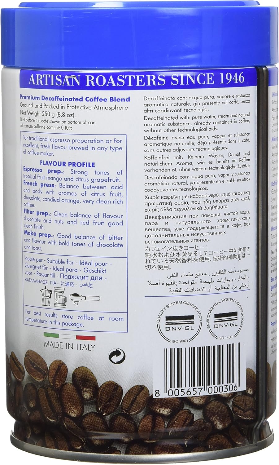 Miscela D-Oro 脱咖啡因研磨咖啡,适用于制作浓郁正宗的意大利浓缩咖啡,250克