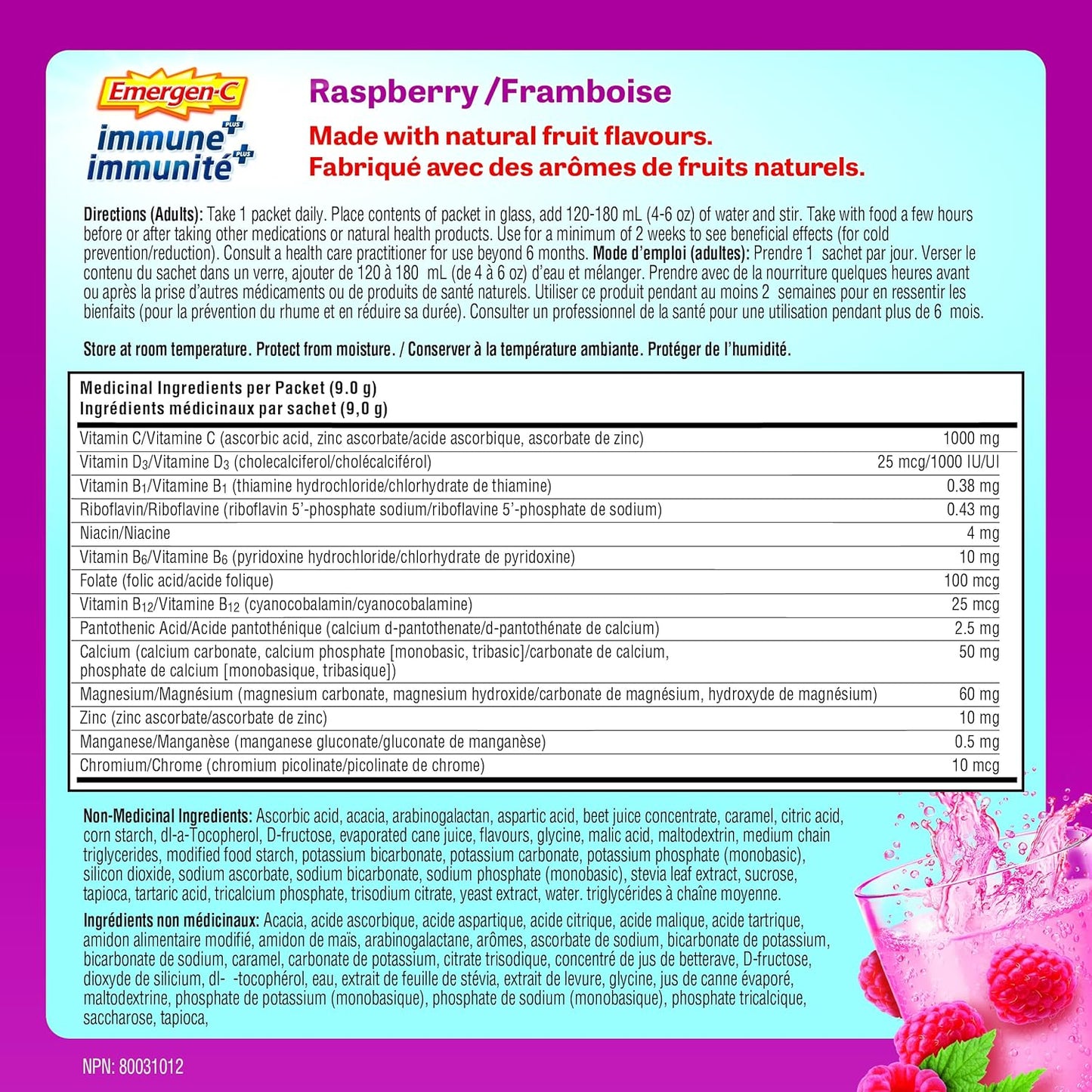 Emergen-C Immune+ 1000mg 维生素 C 粉剂补充剂、饮料混合物、免疫系统增强剂、覆盆子、24 包和覆盆子(30 粒)、1000mg 维生素 C/电解质/B 族维生素矿物质补充剂