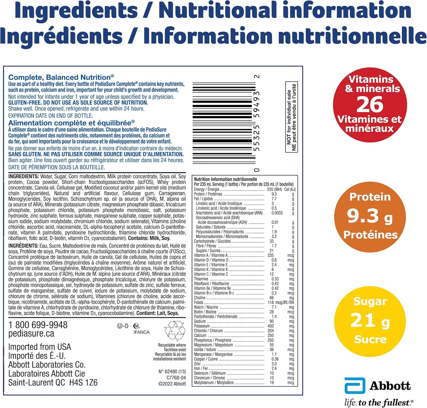 PediaSure Complete,營養補充劑,兒童營養奶昔,可作為早餐飲品,香草味,4 x 235 毫升瓶裝