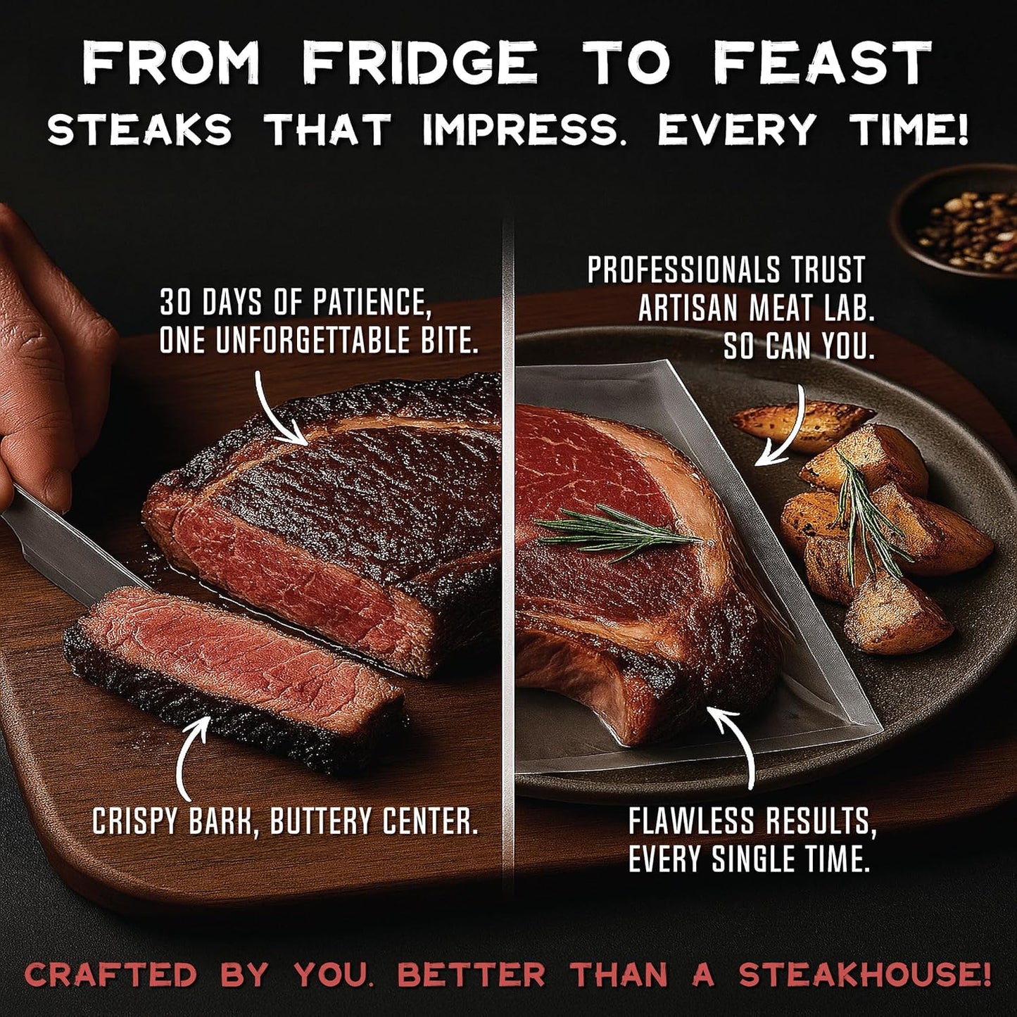 干式熟成袋透气膜套件,轻松制作美味的DIY熟成牛排。4件干式熟成袋套装 25x50厘米(10x20英寸)1-5公斤(2-12磅) - Artisan Meat LAB