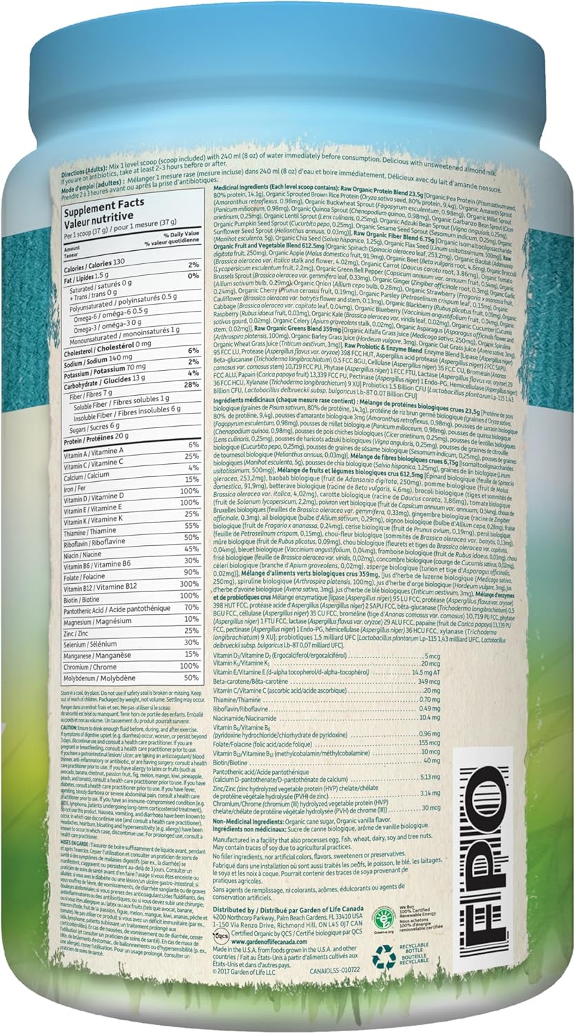 Garden Of Life 生食全效营养奶昔,微甜,(28 份 - 1038 克)富含 20 克经认证的有机植物蛋白,营养丰富,有助于增强肌肉。结合规律训练和健康均衡的饮食,有助于增强肌肉。富含 44 种超级食物、21 种全食物维生素和矿物质。