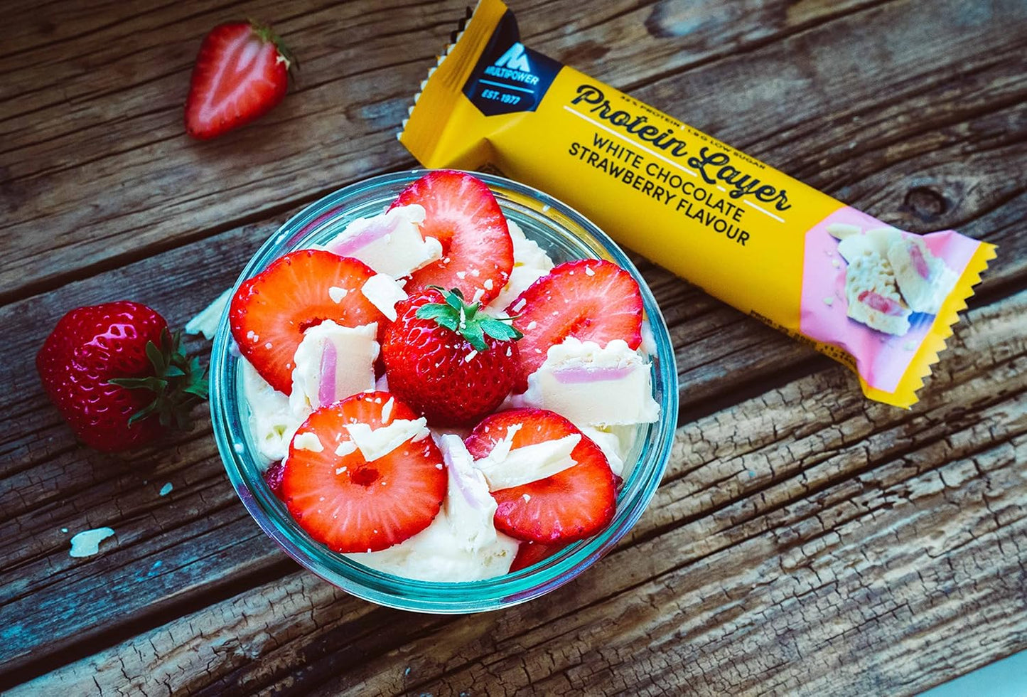 Multipower Protein Layer Bar - White Chocolate Strawberry Flavor - High-Protein Multi-Layer Snack - 50g Bars (18 Pack)