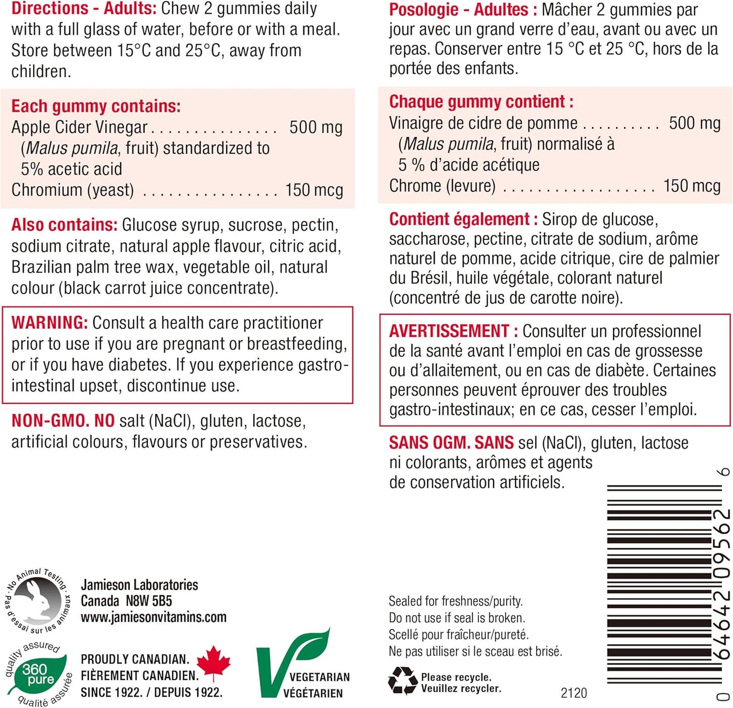 Jamieson Magnesium Gummies - Cranberry Grape Flavour, 60 Count (Pack of 1) & Apple Cider Vinegar Gummies, Vegetarian Red Apple, 60 Count