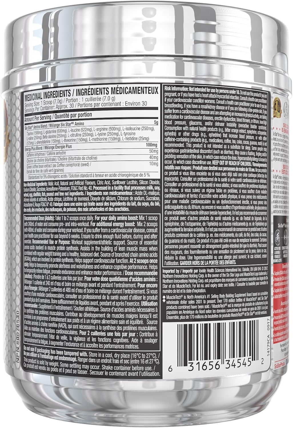 Six Star Amino Plus Energy, BCAA Powder & Energy, Fruit Punch, 30 Servings, 208 g (Pack of 1)