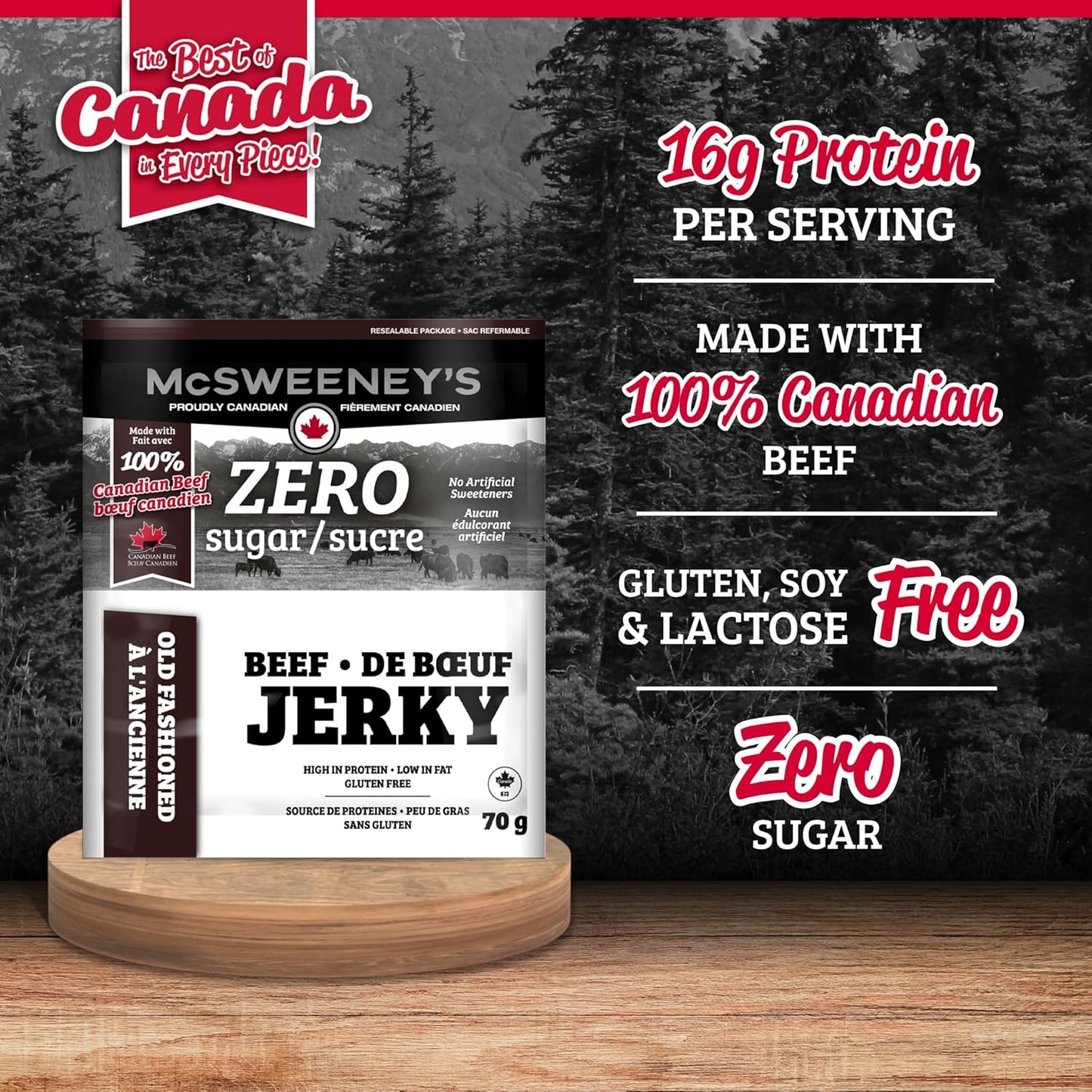 McSweeney's ZERO sugar Old Fashioned Beef Jerky.100% Made In Canada Sugar Free Snacks, School Snacks, Gluten Free, High Protein Snacks, Keto Friendly, Low Fat, Naturally Smoked, 70g (Pack of 12)