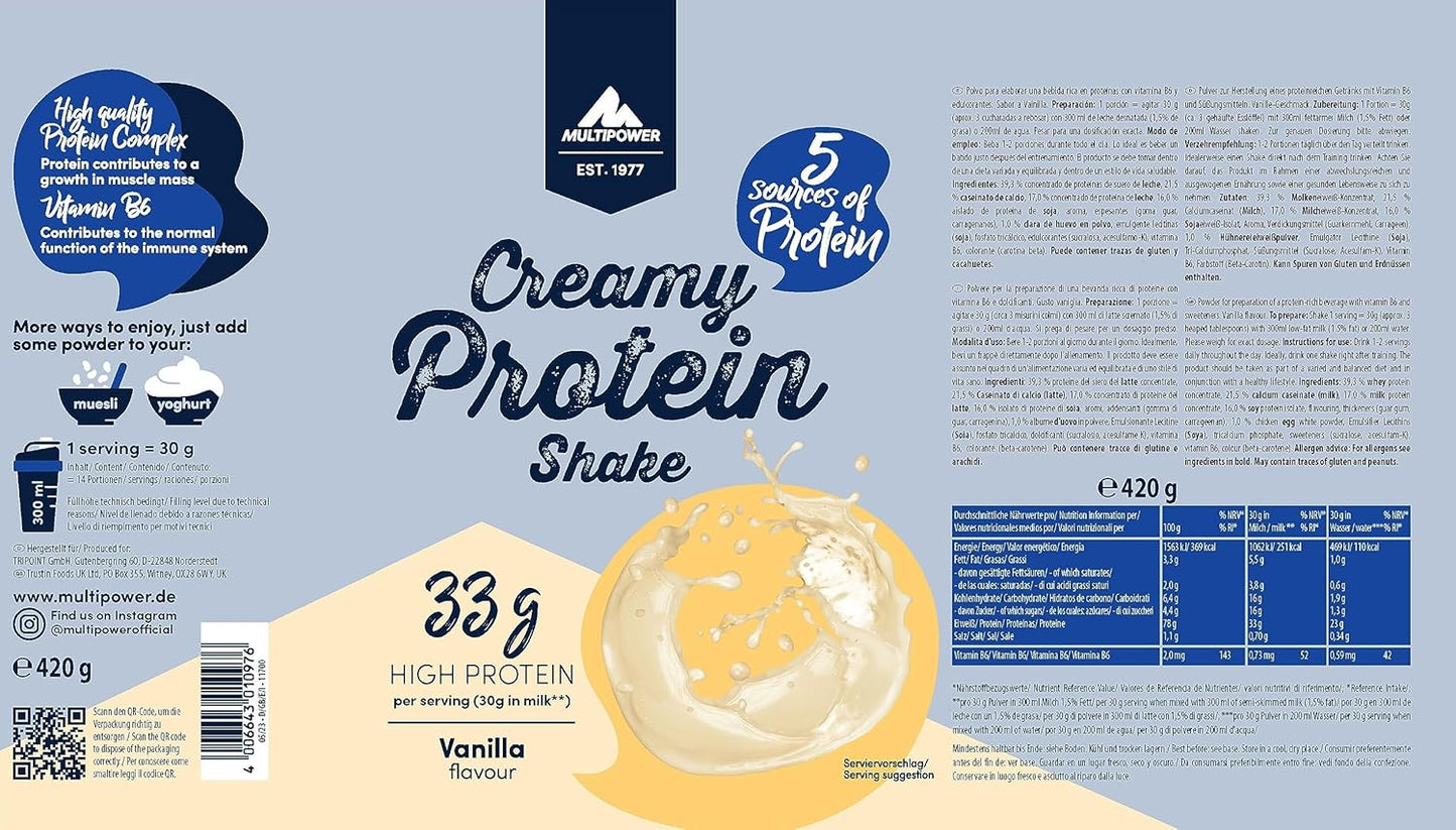 Multipower Creamy Protein Powder — Vanilla, 420g | Creamy Shake Mix, Whey & Milk Protein Blend, Easy-Mix Post-Workout Protein