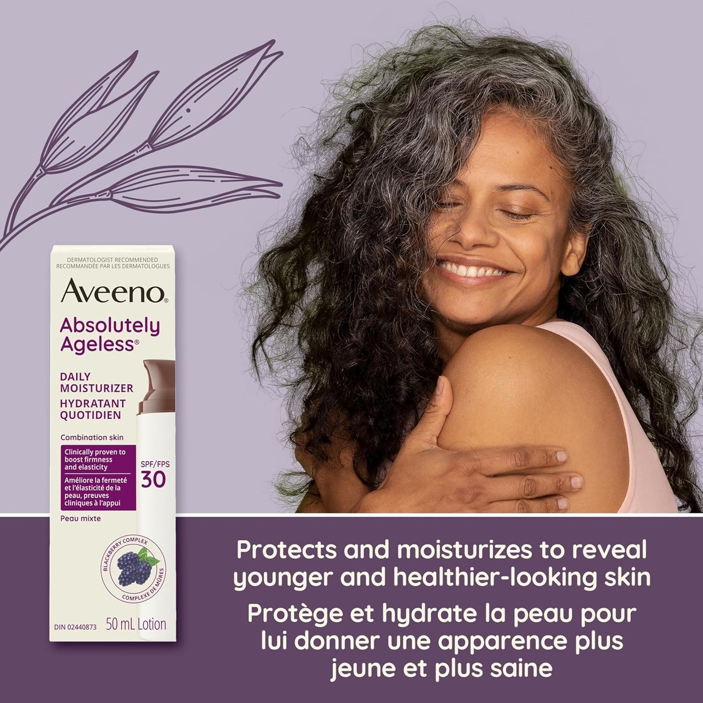 Aveeno Absolutely Ageless 每日保湿霜 SPF 30,抗衰老,面部,皱纹霜,抗氧化黑莓复合物;维生素 C 和 E,瓶装,1 包,50 毫升