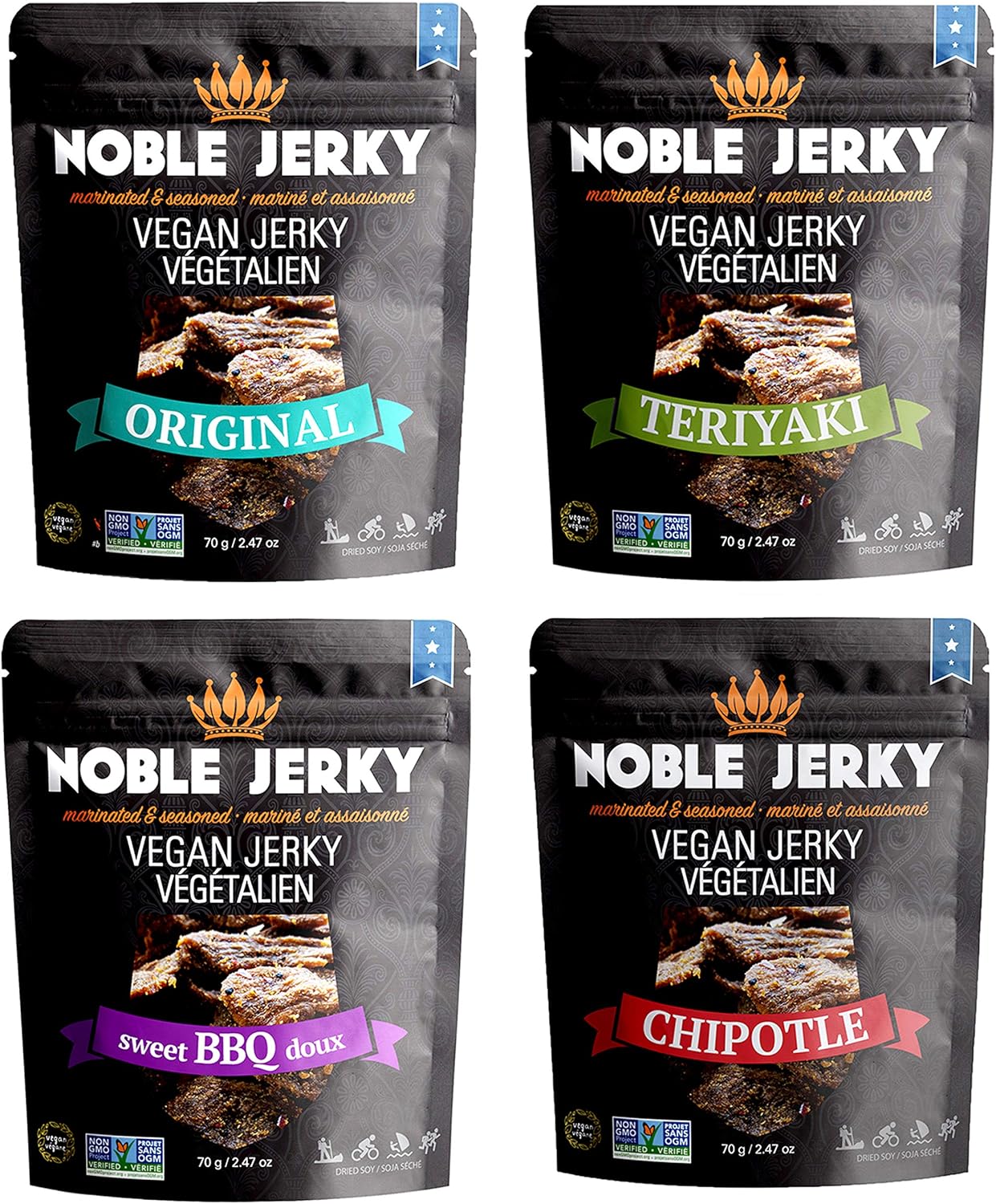 Noble Jerky – Vegan Jerky Snacks, Plant-Based High Protein Snack, 14g Protein Per Bag, Vegetarian, Non-GMO, Healthy Snack Variety Pack (Original, BBQ, Teriyaki, Chipotle), 4 Pack (70g Bags)