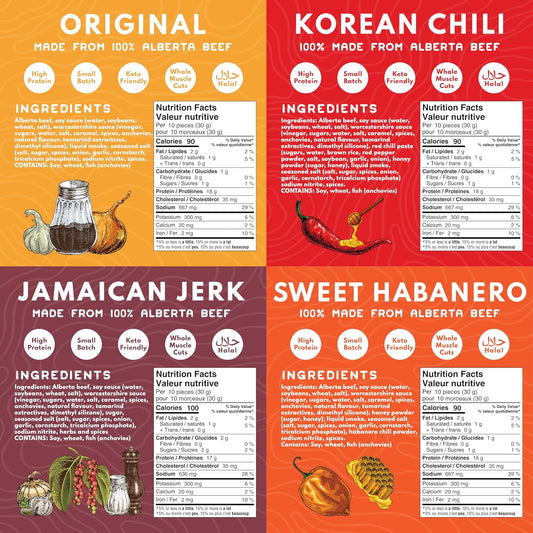 Twelve Cows Handcrafted Beef Jerky Variety Pack, Whole Muscle Premium Cuts, Alberta Beef, High Protein, Low Carb, Halal, Keto - 57g (Pack of 4)