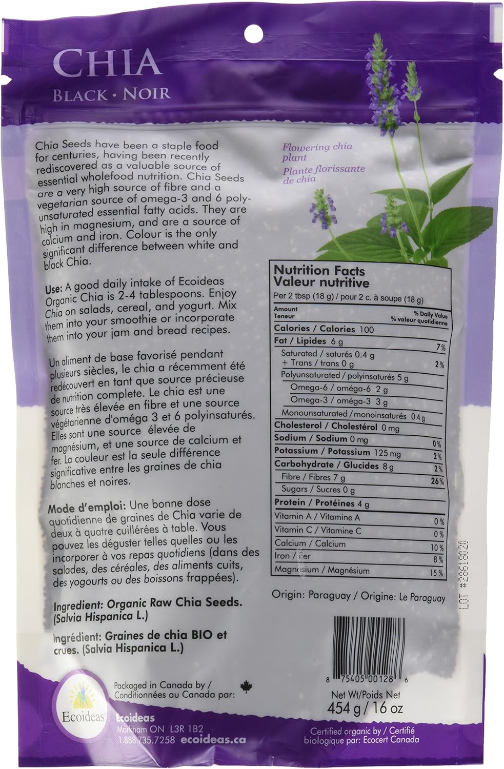 Ecoideas Organic Black Chia Seeds, 454g