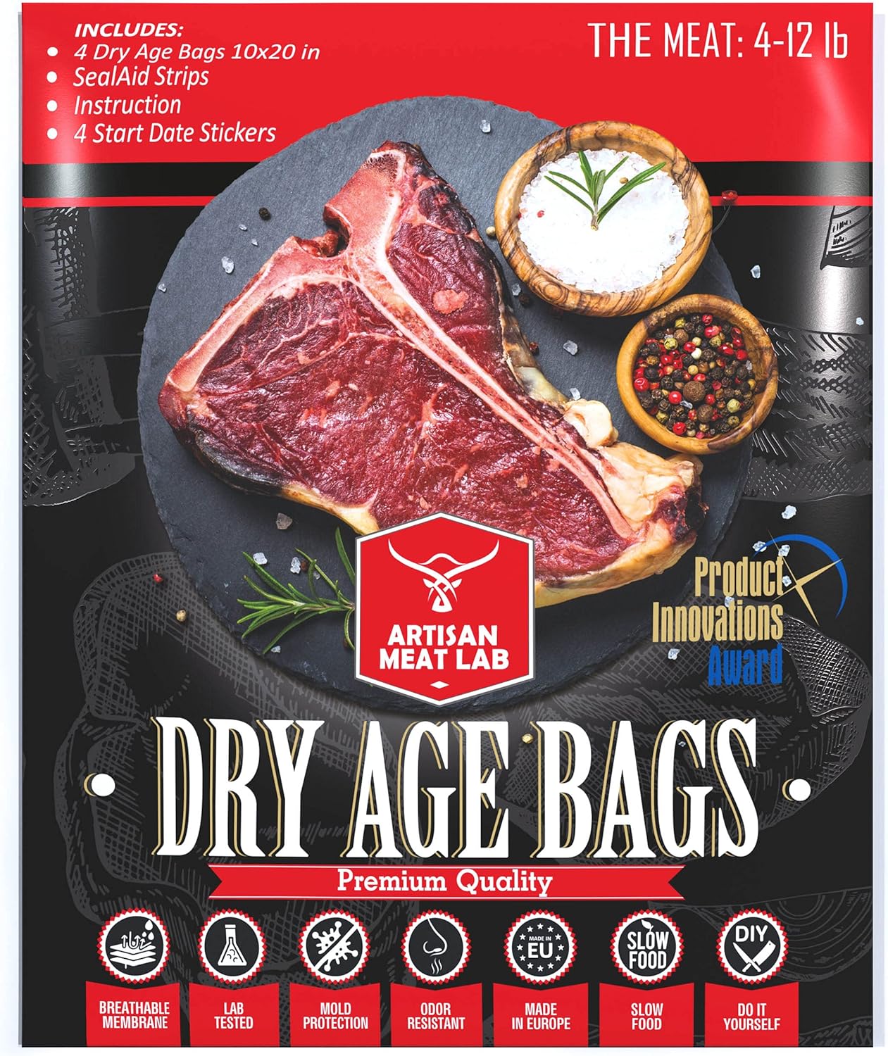 干式熟成袋透气膜套件,轻松制作美味的DIY熟成牛排。4件干式熟成袋套装 25x50厘米(10x20英寸)1-5公斤(2-12磅) - Artisan Meat LAB