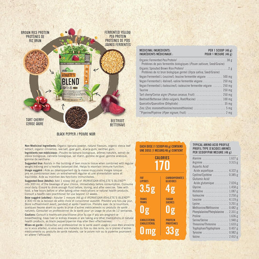 Iron Vegan 運動員混合蛋白粉,天然香草味,有助於建立瘦肌肉組織。含 33 克植物蛋白和 8 克純素支鏈胺基酸,非基因,純素,無麩質,加拿大製造,1 公斤