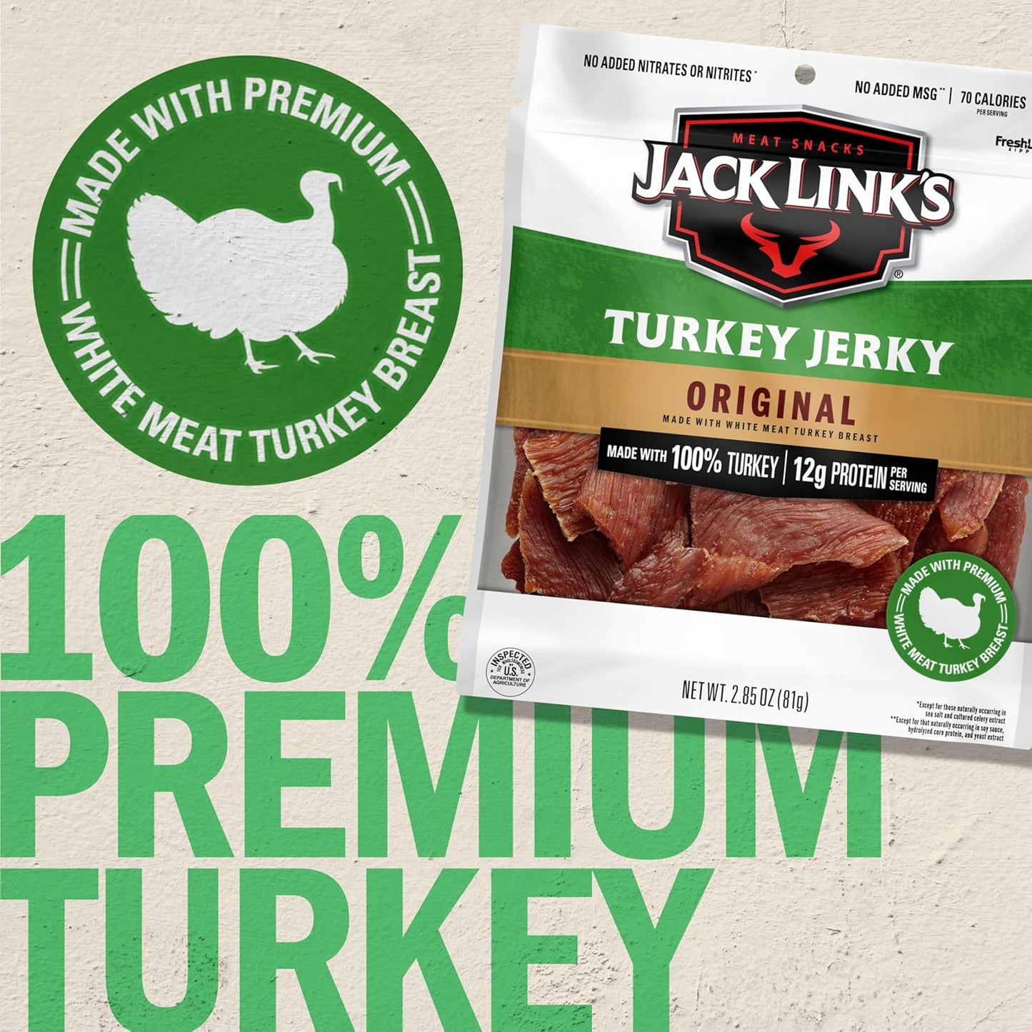 Jack Link's MSG Free Turkey Jerky, Original, 2.85 Ounce