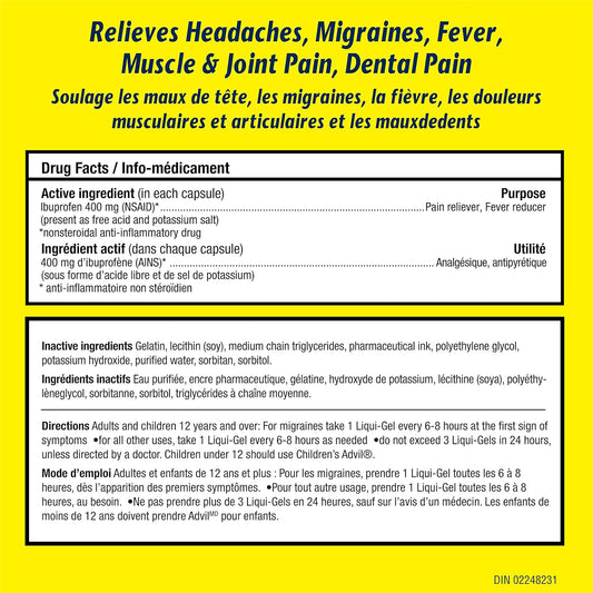 Advil 强效布洛芬止痛液体凝胶,快速缓解偏头痛、背部、颈部、关节和肌肉疼痛,400 毫克(12 粒)