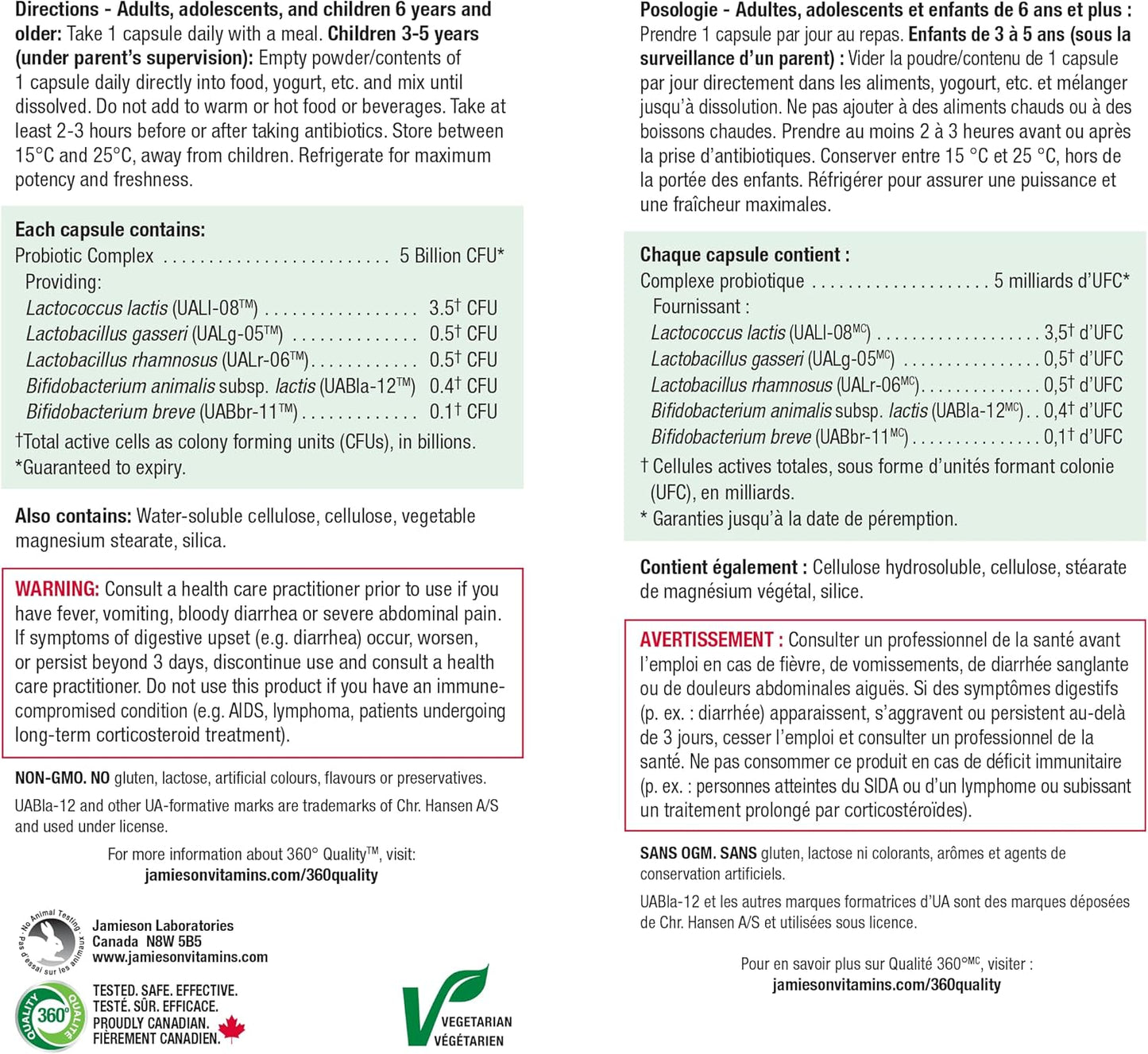 Jamieson 益生菌 50 億活性細胞,加量裝,支持消化系統健康和微生物多樣性。 5 種獨特菌株,包括乳酸桿菌和雙歧桿菌,非基因改造,無麩質,72 粒素食膠囊