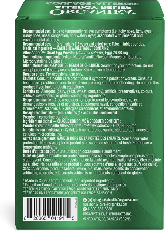 Organika 加拿大制造过敏缓解片 - 26 毫克鹌鹑蛋,经临床研究,天然来源,日夜使用,缓解眼痒、鼻塞、流鼻涕 - 每日仅需 1 片 - 60 片