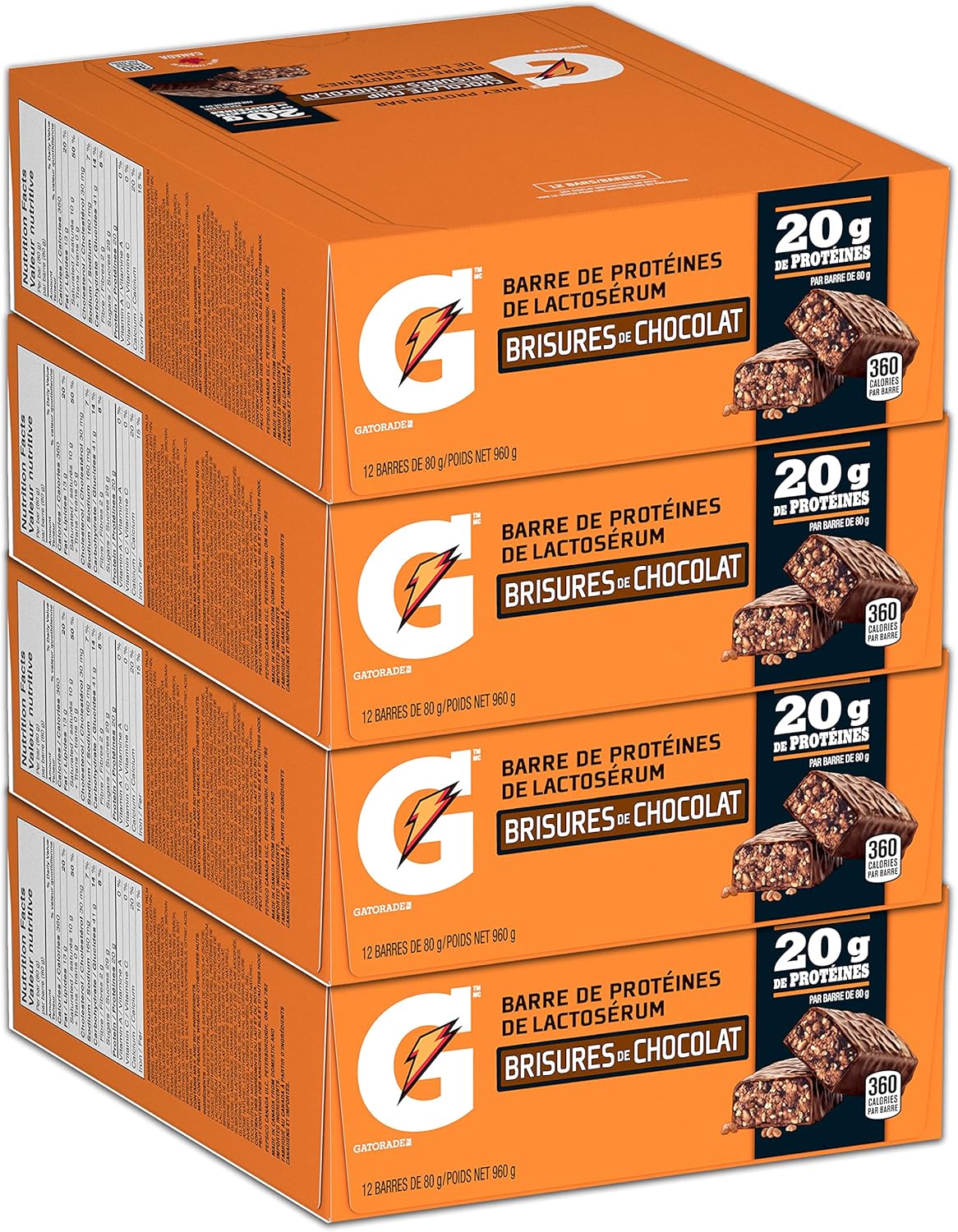 Gatorade Whey Protein Bar - Chocolate Chip, Multi-Pack, 12 Bars, 960 g (Pack of 4)