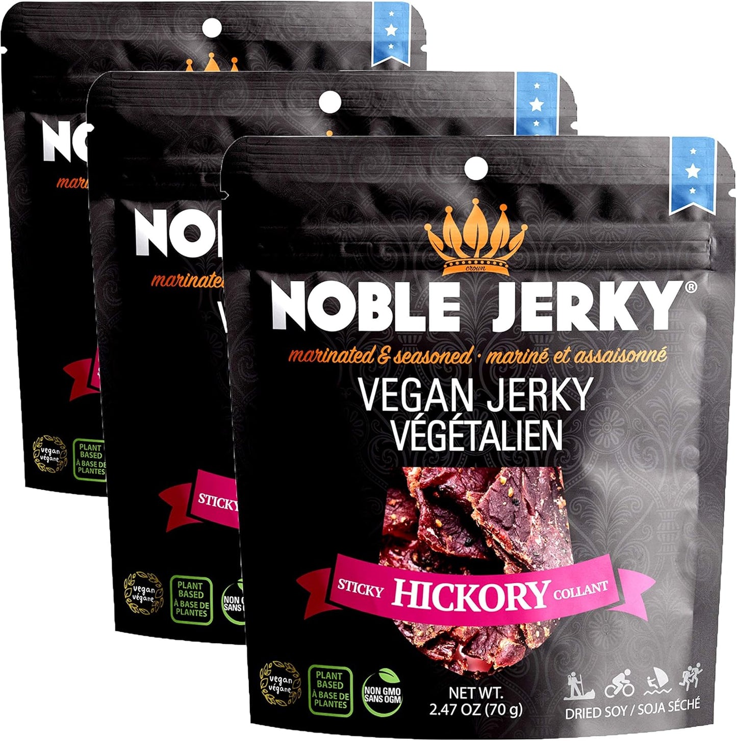 Noble Jerky 素食山核桃山胡桃口味 – 14克植物蛋白,非基因改造,無人工添加劑,高蛋白零食,3包(70克/袋)