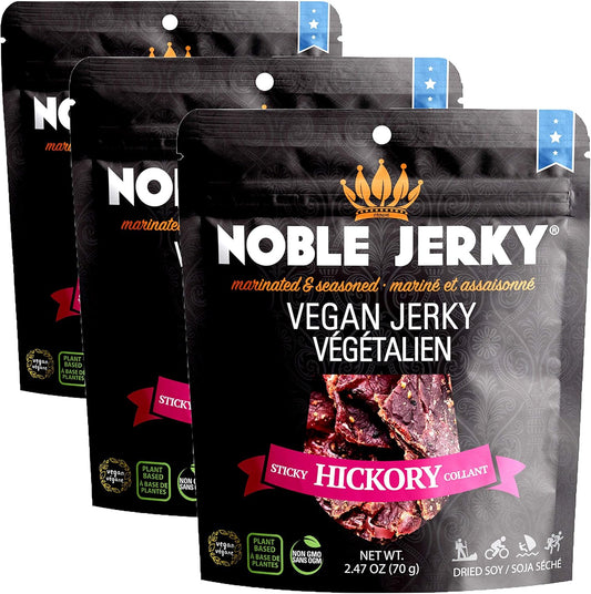 Noble Jerky Vegan Jerky Hickory Flavour – 14g Plant-Based Protein, Non-GMO, No Artificial Additives, High Protein Snack, 3 Pack (70g Bags)