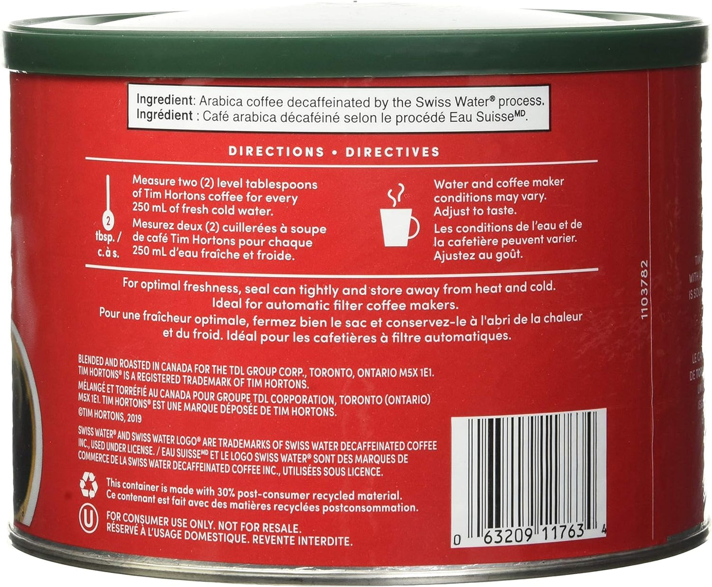 Tim Hortons 脱咖啡因细磨咖啡,中度烘焙,640g 罐装 & 脱咖啡因细磨咖啡袋,中度烘焙,300g