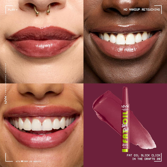 NYX 專業彩妝 Fat Oil Slick Click,潤唇膏,12 小時保濕,注入滋養油,高光澤效果,可疊加顏色,顏色:In the Drafts(漿果色)