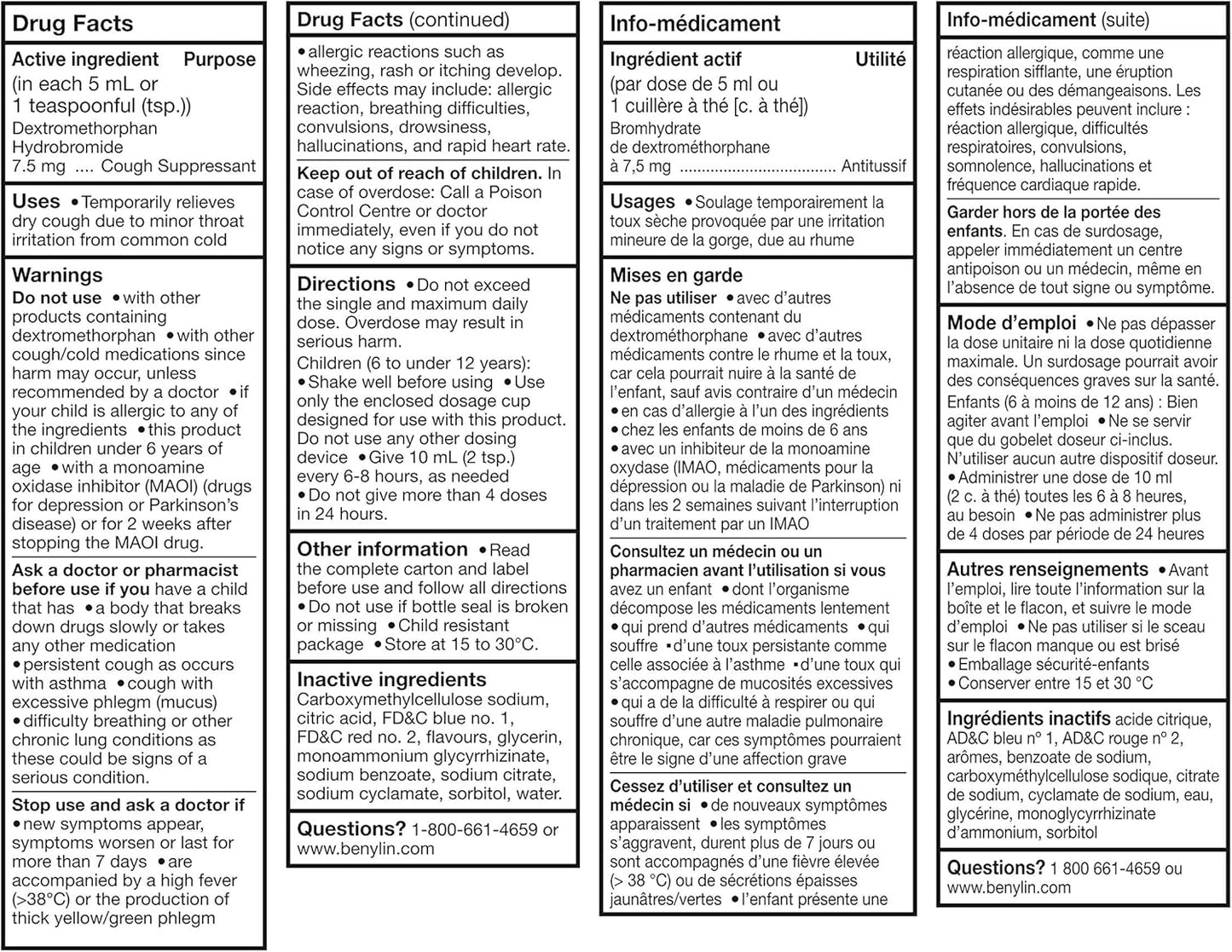 BENYLIN Children's Dry Cough Syrup, Relieves Dry Cough, 100mL, Grape Flavour, Alcohol Free, For ages 6-11yrs